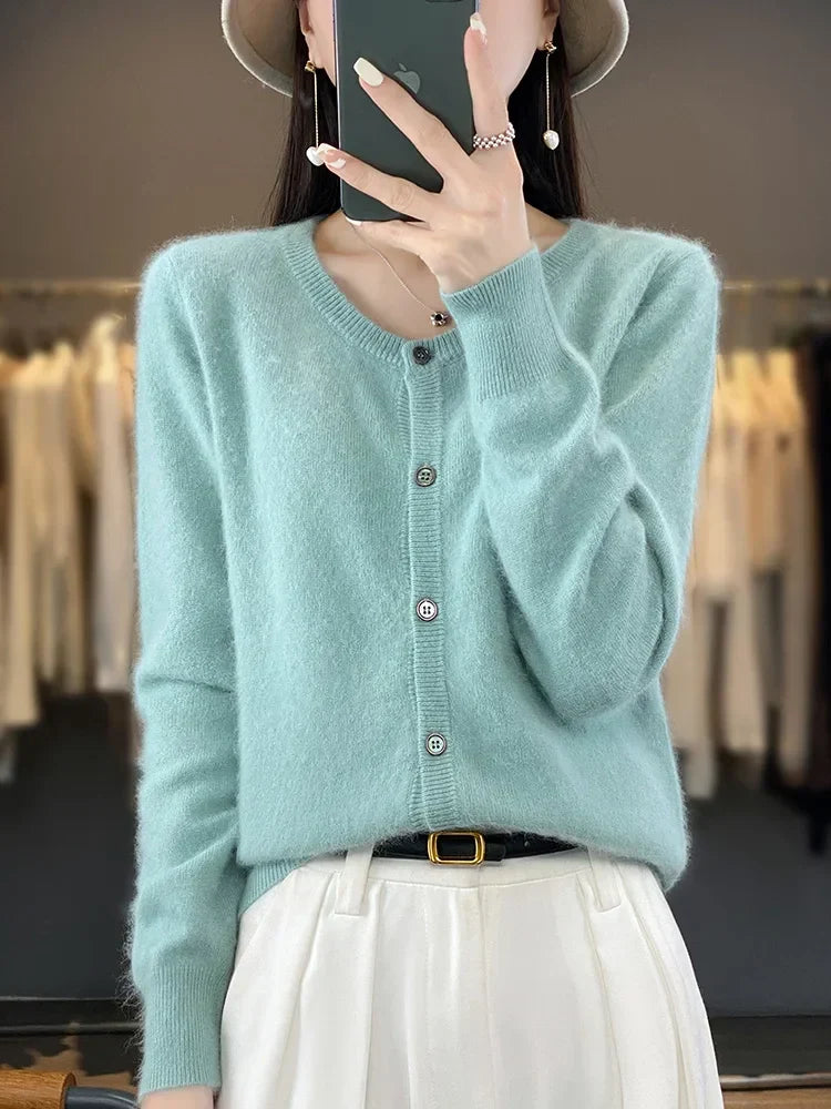 Women's Autumn Sweater with Button Placket, Crew Neck, Relaxed Fit - Ash