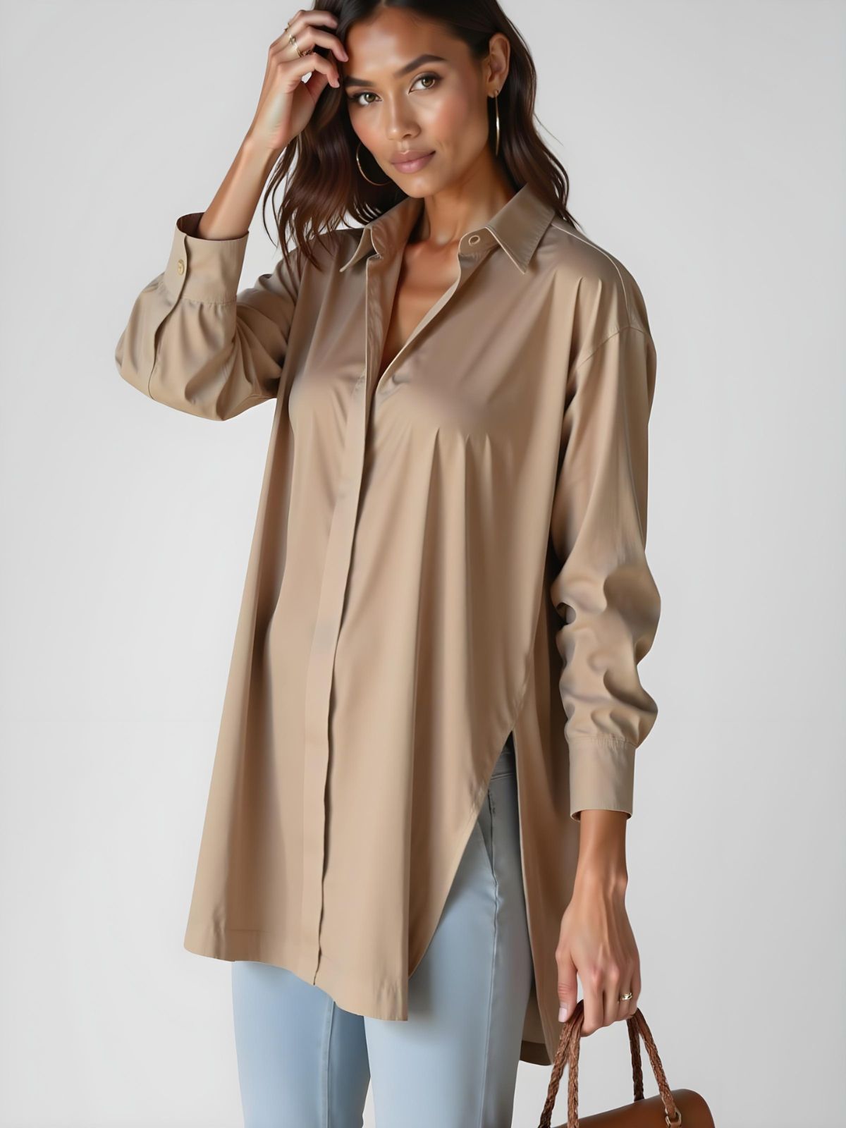 Women's Oversized Shirt Dress with Lapel Collar, Button Placket and Side Slit - Beige