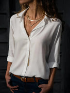 Women's Blouse with V-Neck Collar and Rounded Hem - White