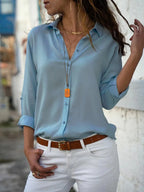 Women's Blouse with V-Neck Collar and Rounded Hem - Sky Blue