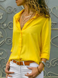 Women's Blouse with V-Neck Collar and Rounded Hem - Yellow
