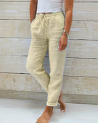Elastic Autumn Casual Pants with Stretch Waistband - Breathable Pants for Outdoor & Vacation - Beige