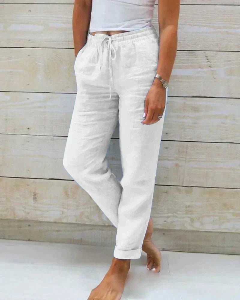 Elastic Autumn Casual Pants with Stretch Waistband - Breathable Pants for Outdoor & Vacation - White
