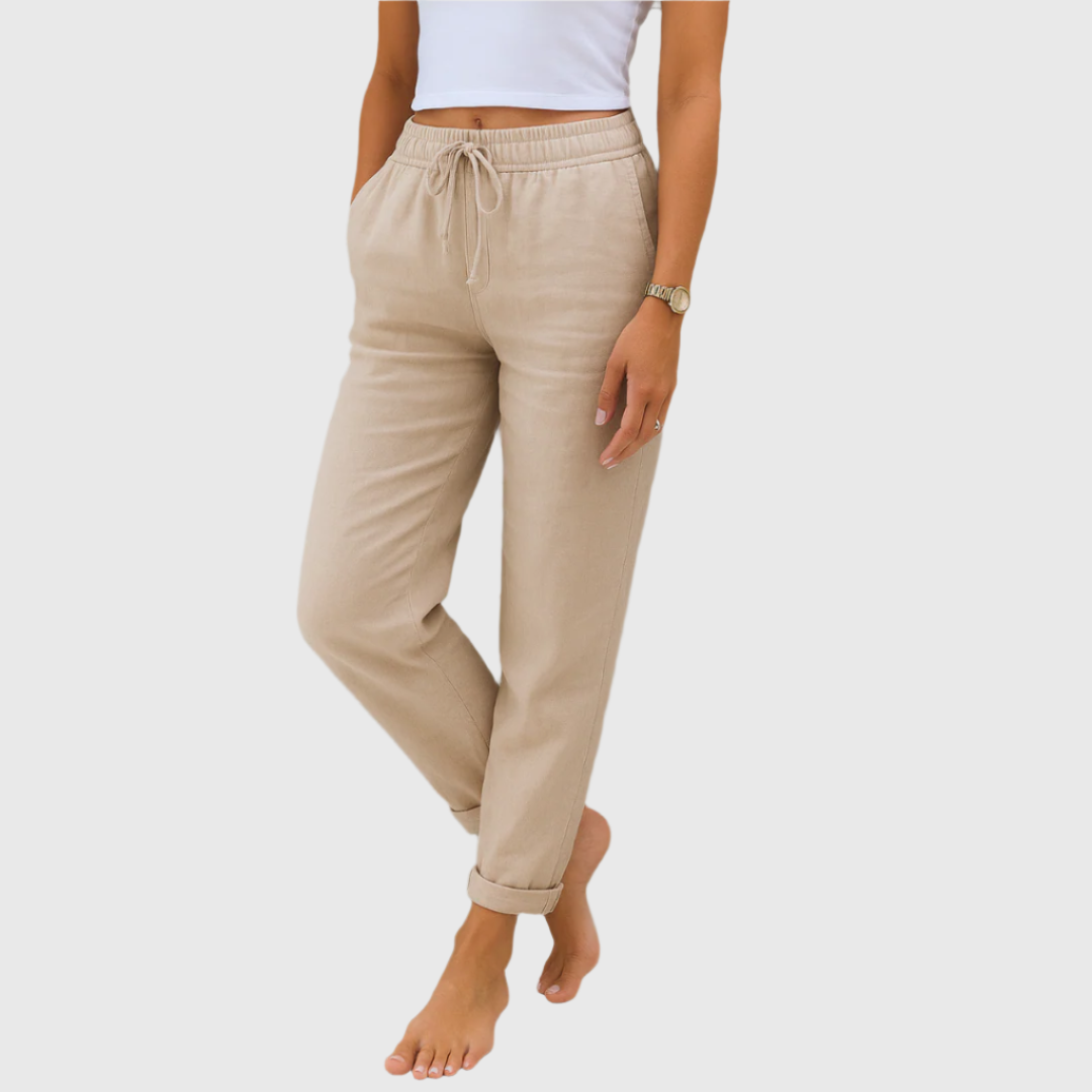 Women's Stretch Pants with Elastic Waistband and Relaxed Fit - Beige