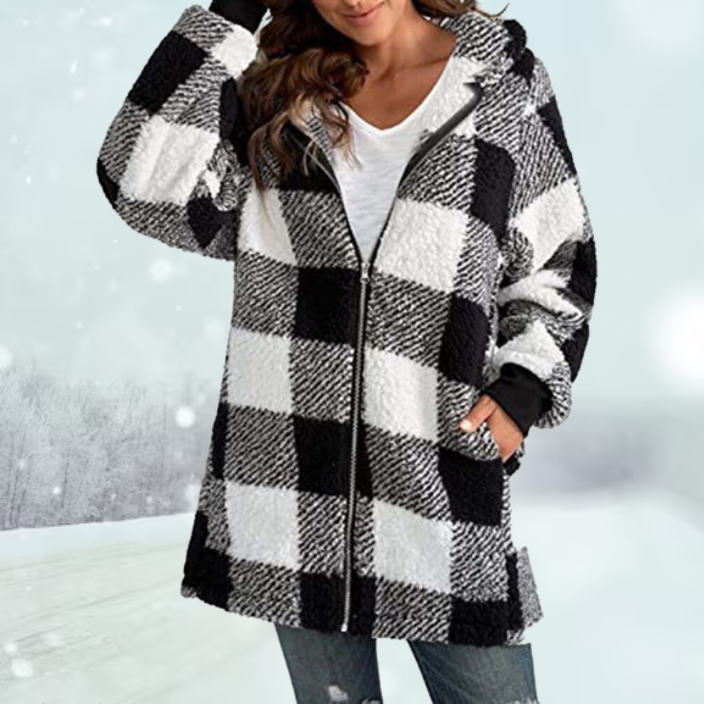 Plaid Winter Jacket with Hood and Pockets | Perfect for Cold Winter Days - Black
