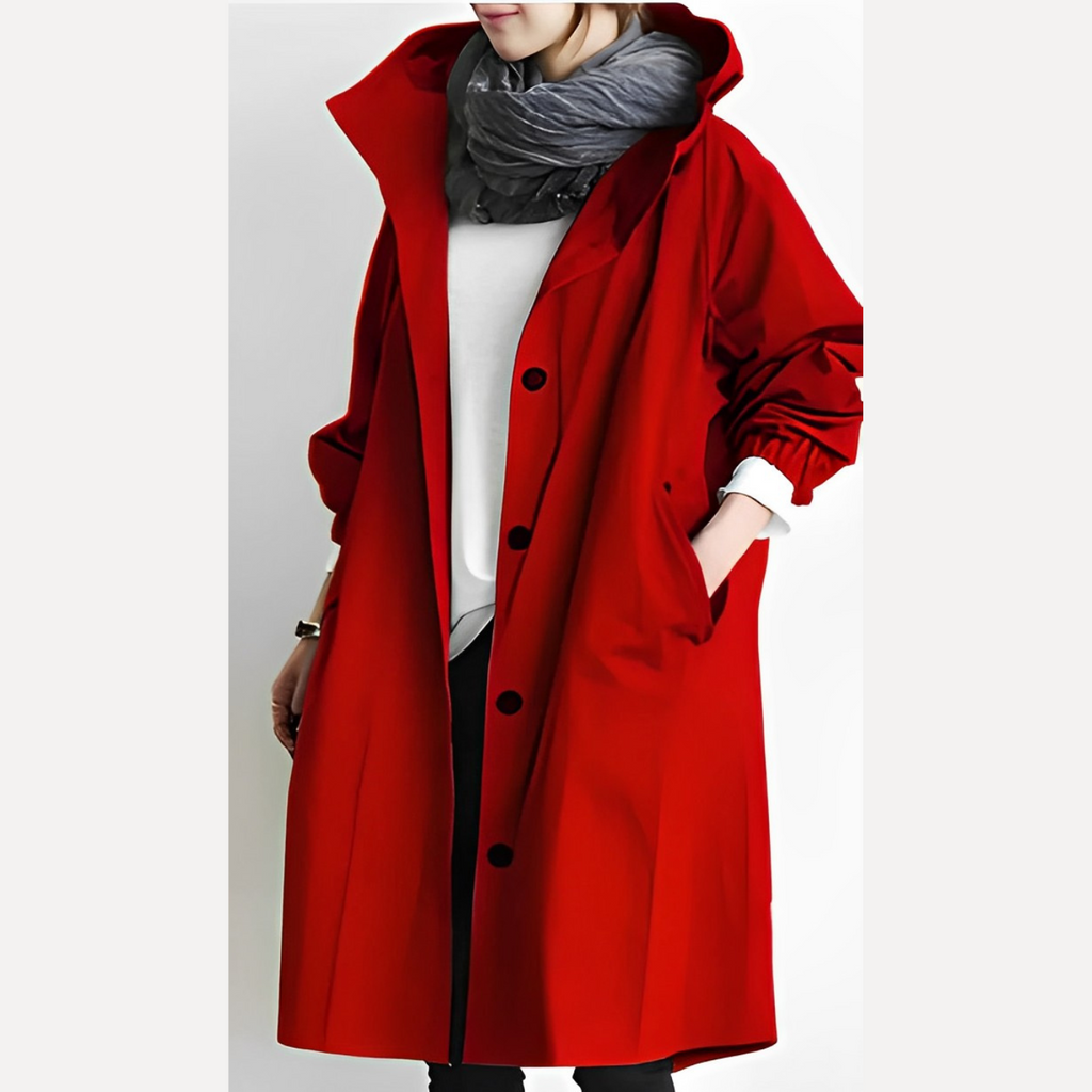 Mabel - Long Hooded Windbreaker Jacket for Autumn - Red
