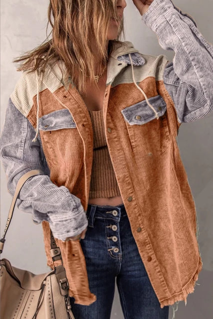 Cropped Corduroy Jacket with Button Placket and Chest Pockets | Perfect for Autumn - Orange