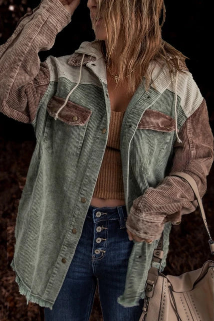 Cropped Corduroy Jacket with Button Placket and Chest Pockets | Perfect for Autumn - Green