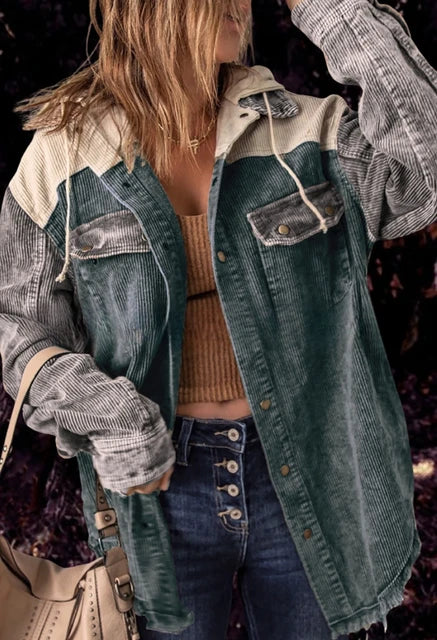 Cropped Corduroy Jacket with Button Placket and Chest Pockets | Perfect for Autumn - Blue