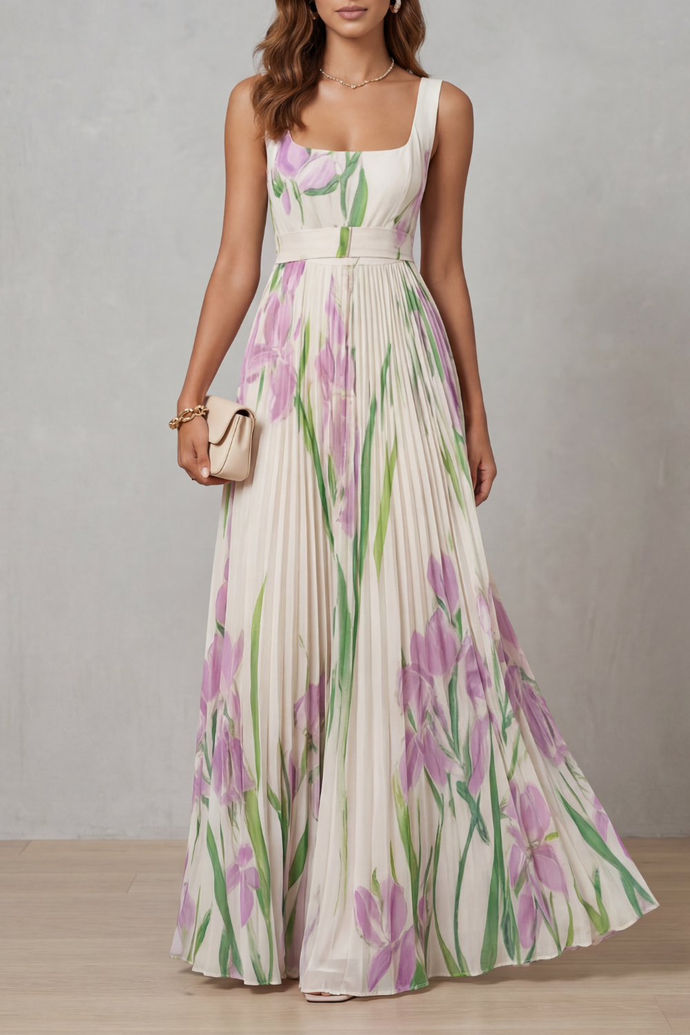 Women's Floral Pleated Maxi Dress – Square Neck Wedding Guest Dress