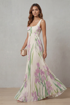 Women's Floral Pleated Maxi Dress – Square Neck Wedding Guest Dress
