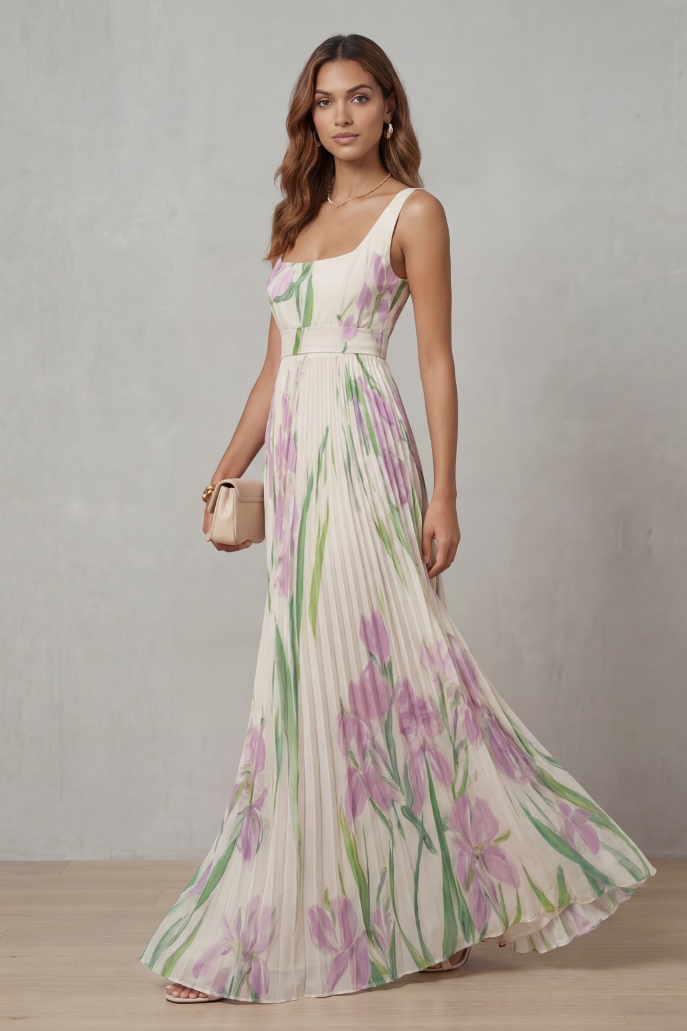 Women's Floral Pleated Maxi Dress – Square Neck Wedding Guest Dress