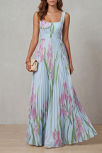 Women's Floral Pleated Maxi Dress – Square Neck Wedding Guest Dress
