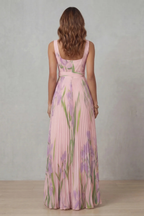 Women's Floral Pleated Maxi Dress – Square Neck Wedding Guest Dress
