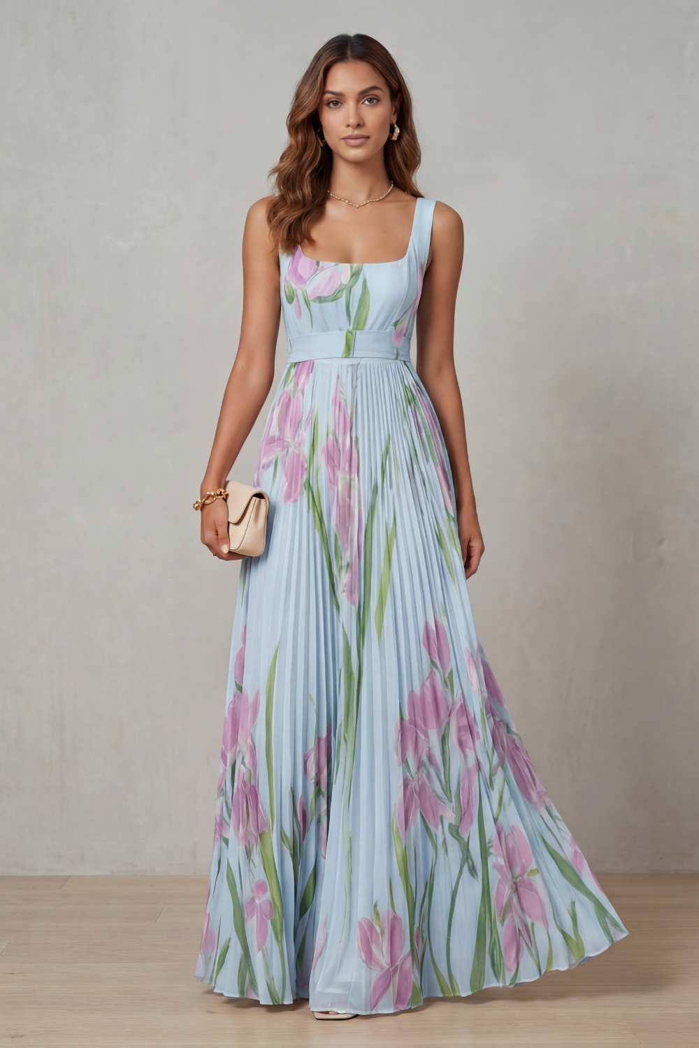 Women's Floral Pleated Maxi Dress – Square Neck Wedding Guest Dress