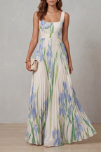 Women's Floral Pleated Maxi Dress – Square Neck Wedding Guest Dress