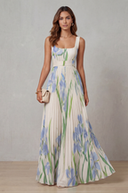 Women's Floral Pleated Maxi Dress – Square Neck Wedding Guest Dress