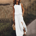 Women's Summer Maxi Dress, Sleeveless, Retro Pattern, Flowing Cut - White