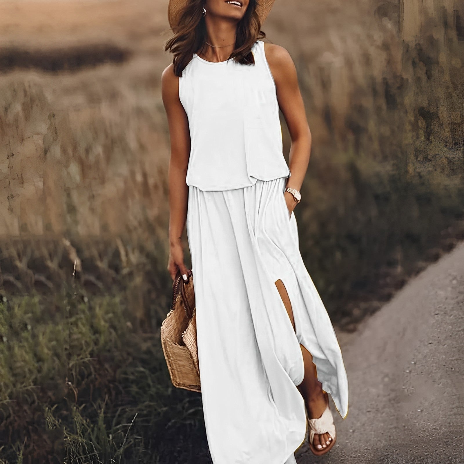 Women's Summer Maxi Dress, Sleeveless, Retro Pattern, Flowing Cut - White
