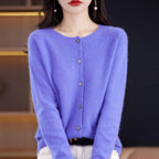Women's Autumn Sweater with Button Placket, Crew Neck, Relaxed Fit - Lavender