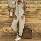 Wide-Cut Summer Jumpsuit with Deep Neckline and Pockets - Light Gray