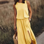 Women's Summer Maxi Dress, Sleeveless, Retro Pattern, Flowing Cut - Yellow