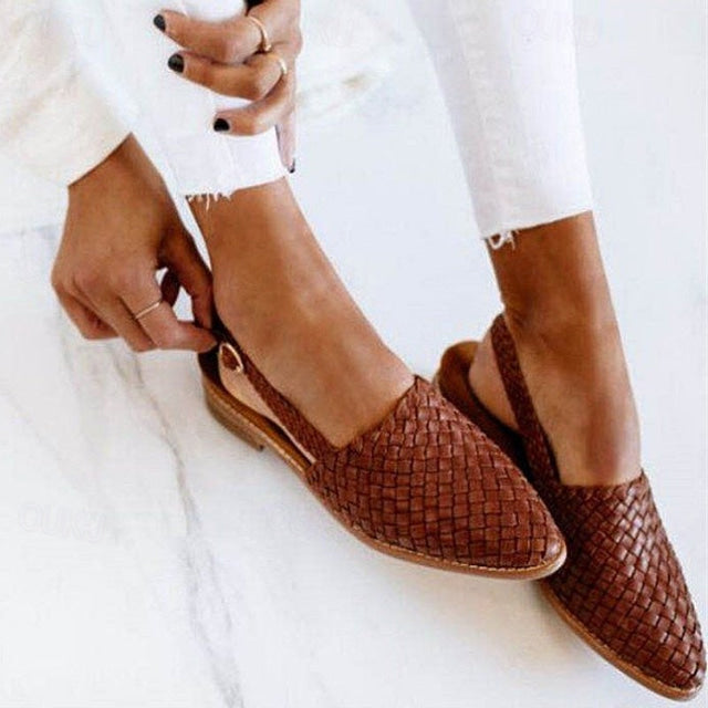 Black Women's Woven Flat Mules with Adjustable Slingback Strap – Perfect for Summer - Brown