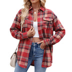 Relaxed-Fit Plaid Shirt with Pockets for Autumn - Red Khaki