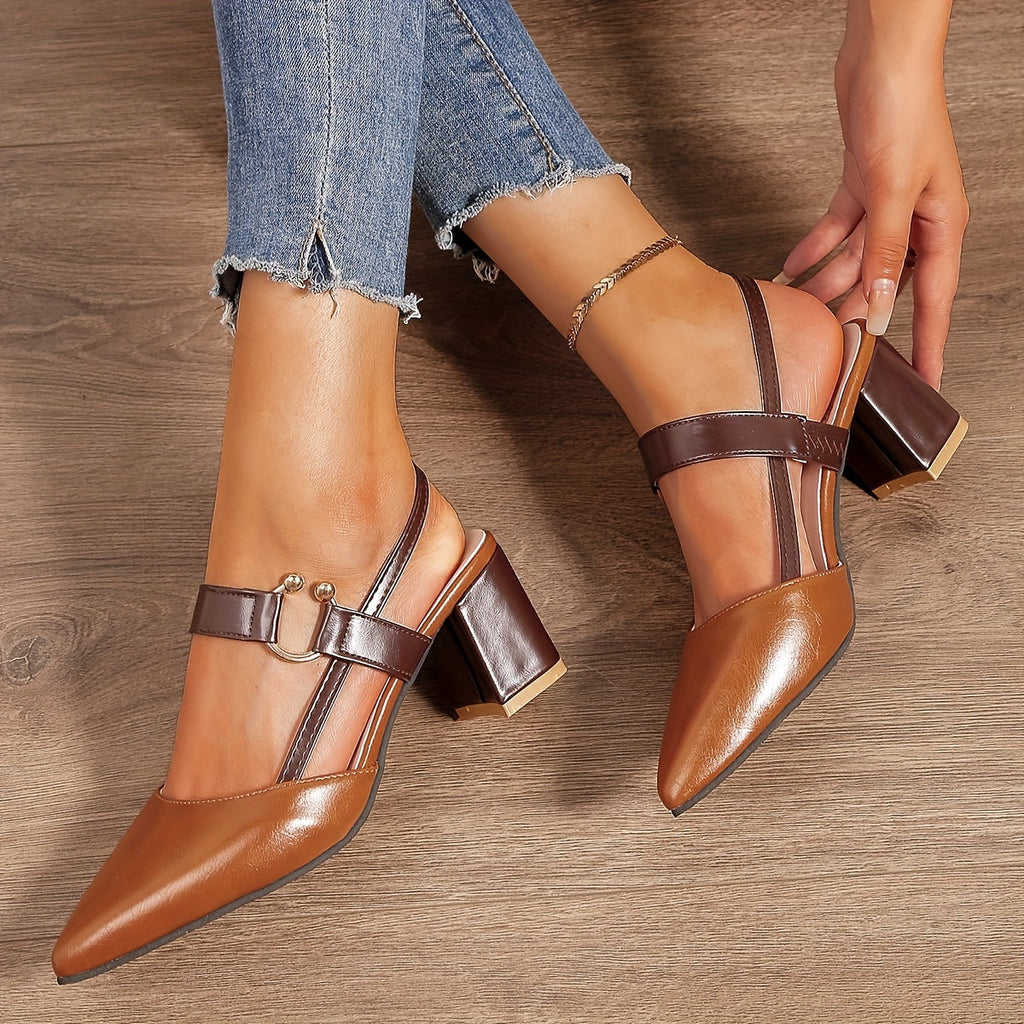 Women's Slingback Heels, Pointed Toe, Block Heel, Buckle - Amber