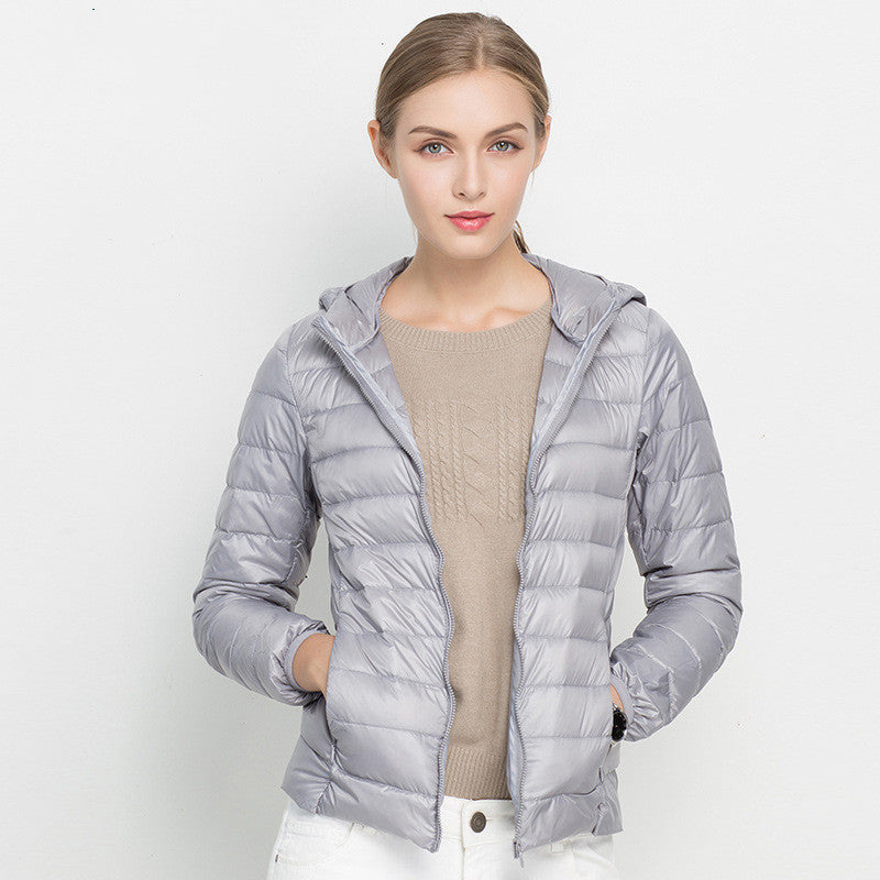 Warm Down Jacket, Women's Short Hooded Super Lightweight - Perfect for Cold Winter Days - Gray