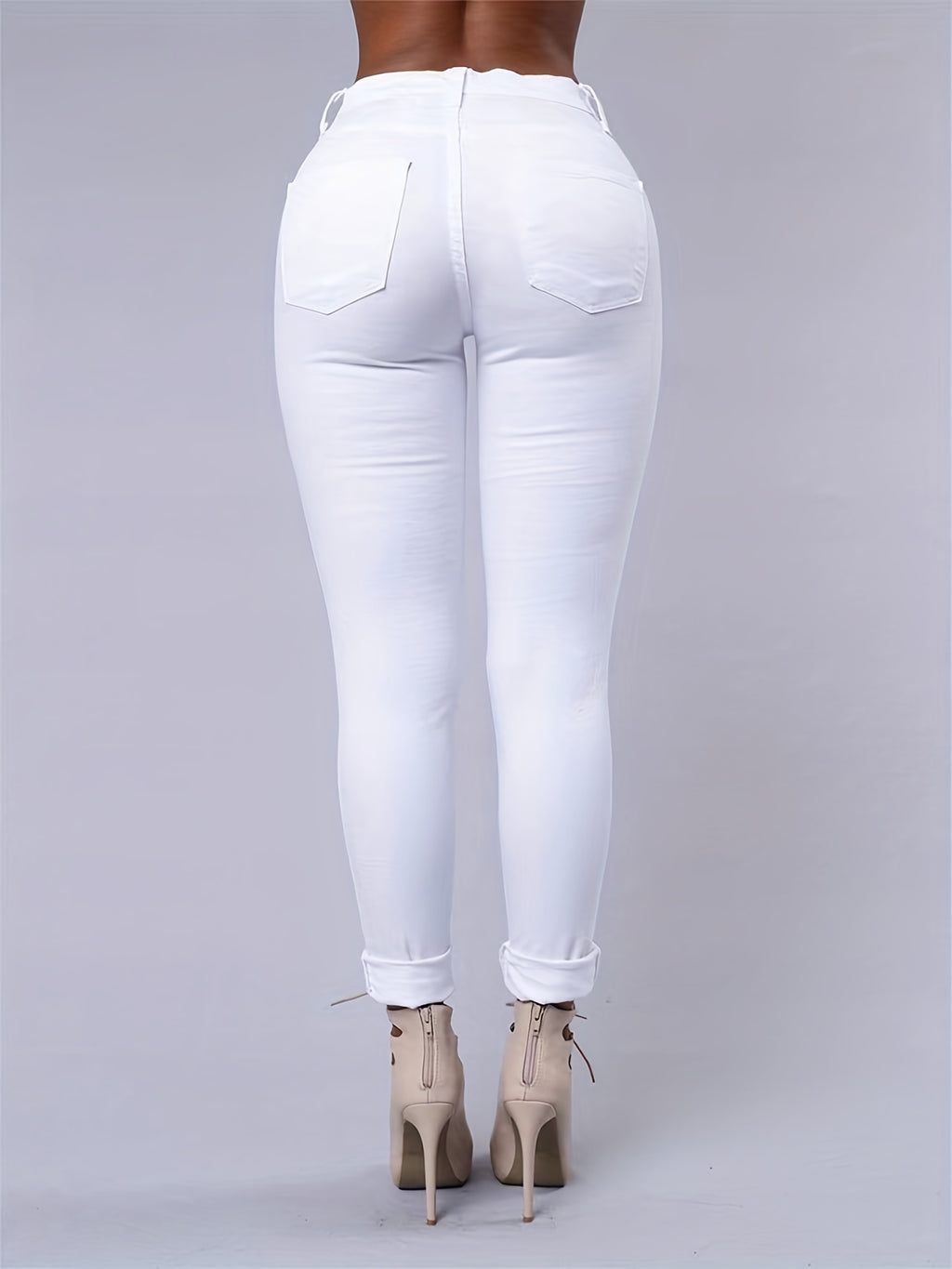 Gerissene High-Stretch Distressed Jeans, Reißverschluss-Knopfverschluss, einfarbige Slim Fit Denim Hose, Damen Jeans & Kleidung