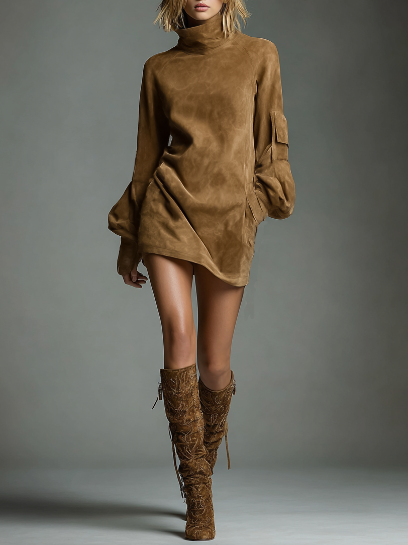 Women's Vintage Suede Turtleneck Mini Dress
