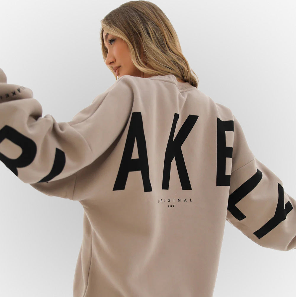 Women's Autumn Sweatshirt with Relaxed Fit, Long Sleeves and Ribbed Hem - Khaki