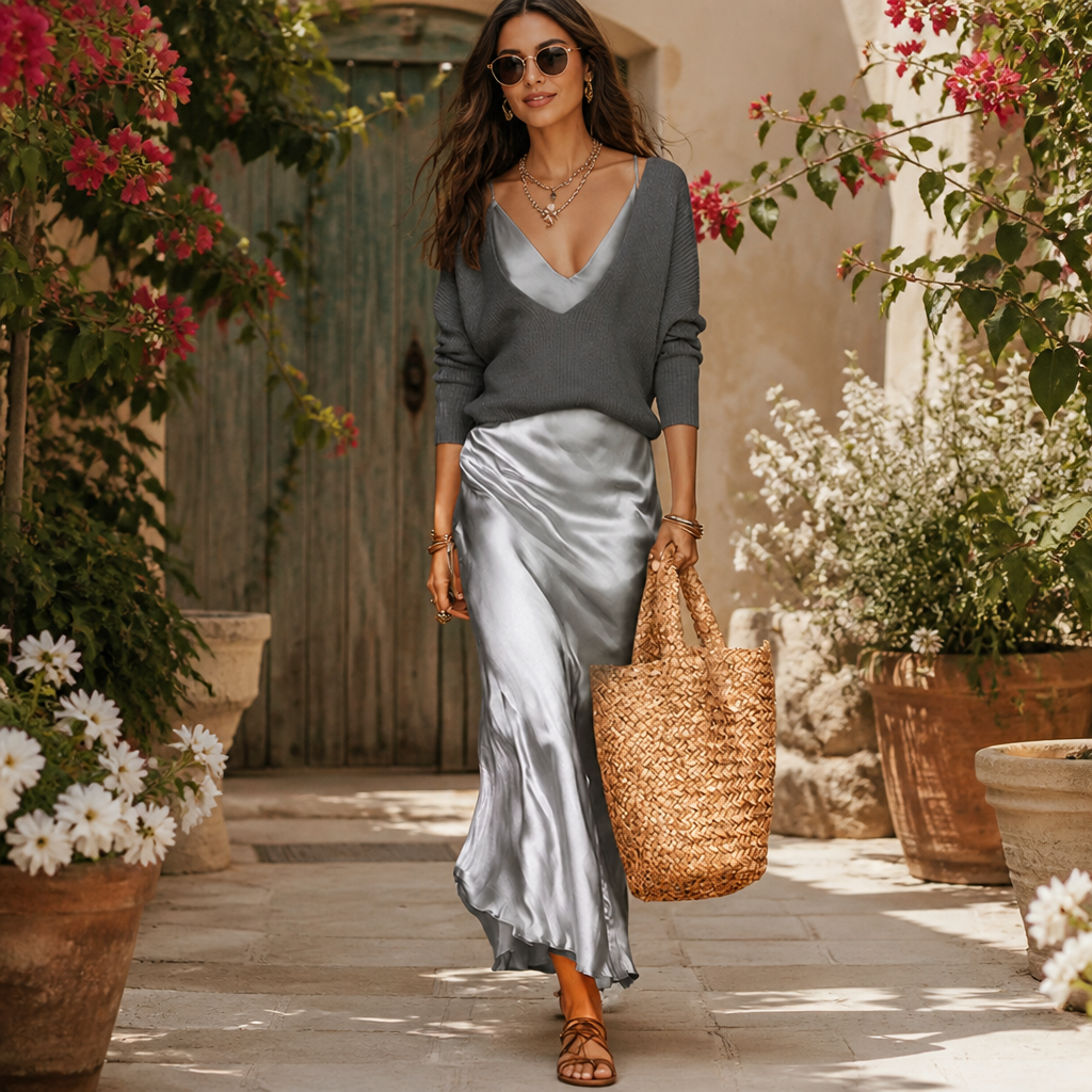 Satin-Midikleid mit kuscheliger Pullover-Kombination | Elegantes Outfit