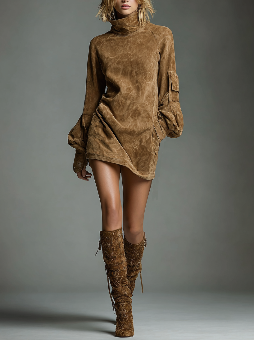 Women's Vintage Suede Turtleneck Mini Dress