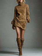 Women's Vintage Suede Turtleneck Mini Dress