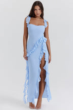 Women's Summer Ruffle Dress, Long with Front Slit, Floor-Length - Light Blue
