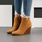 Women's Ankle Boots, Wedge Heel, Side Zipper - Saddle Brown