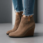 Women's Ankle Boots, Wedge Heel, Side Zipper - Mocha Brown