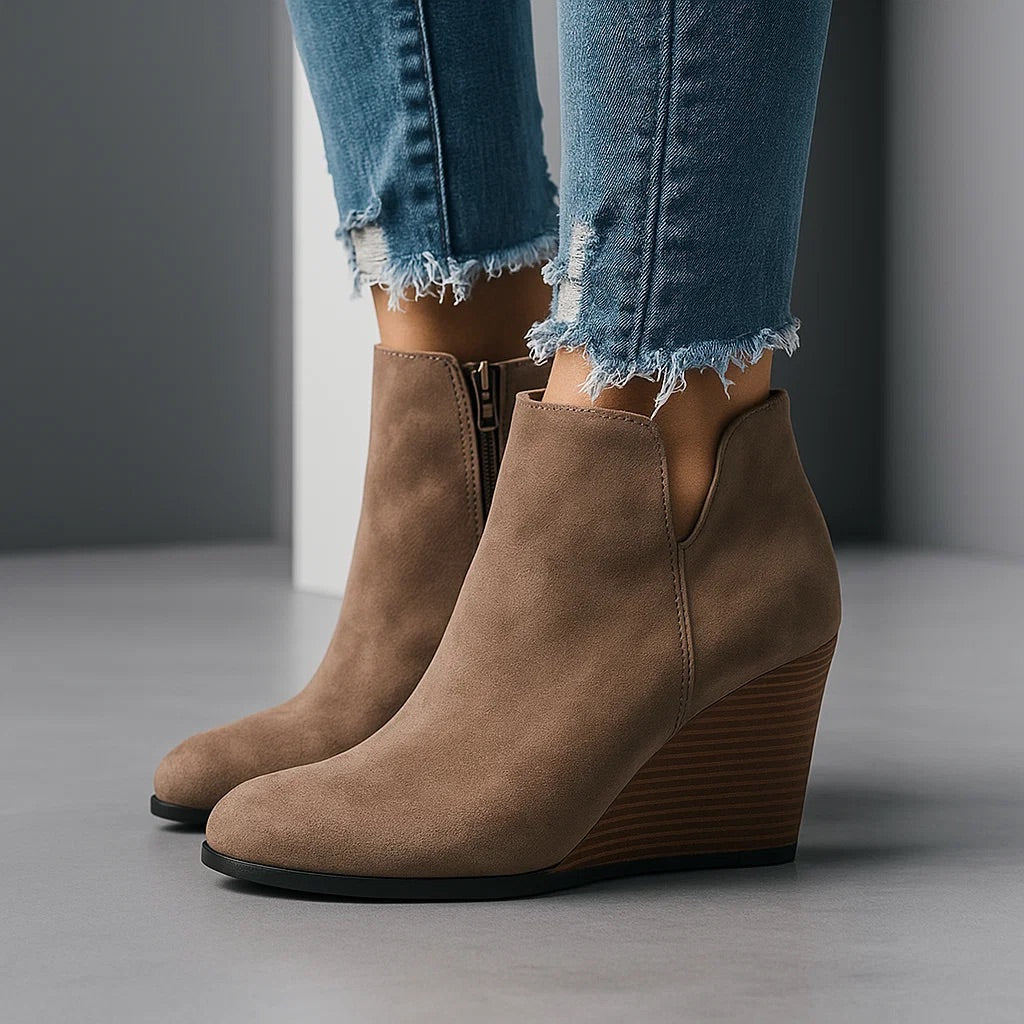 Women's Ankle Boots, Wedge Heel, Side Zipper - Mocha Brown