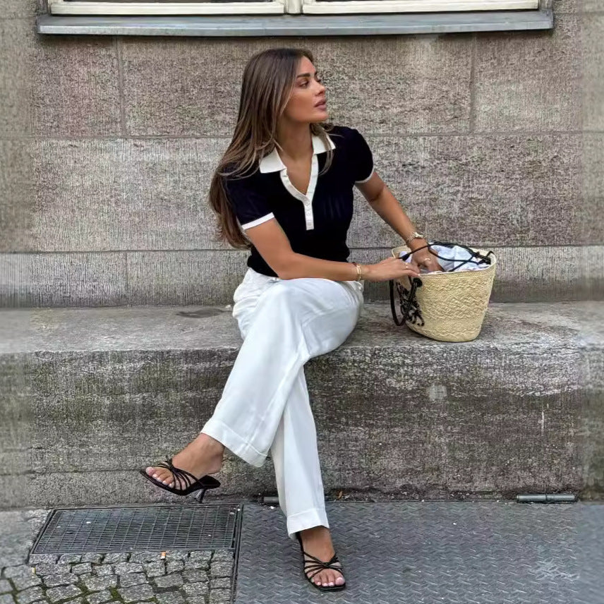 Women's Fitted Ribbed Knit Polo Shirt