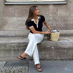 Women's Fitted Ribbed Knit Polo Shirt