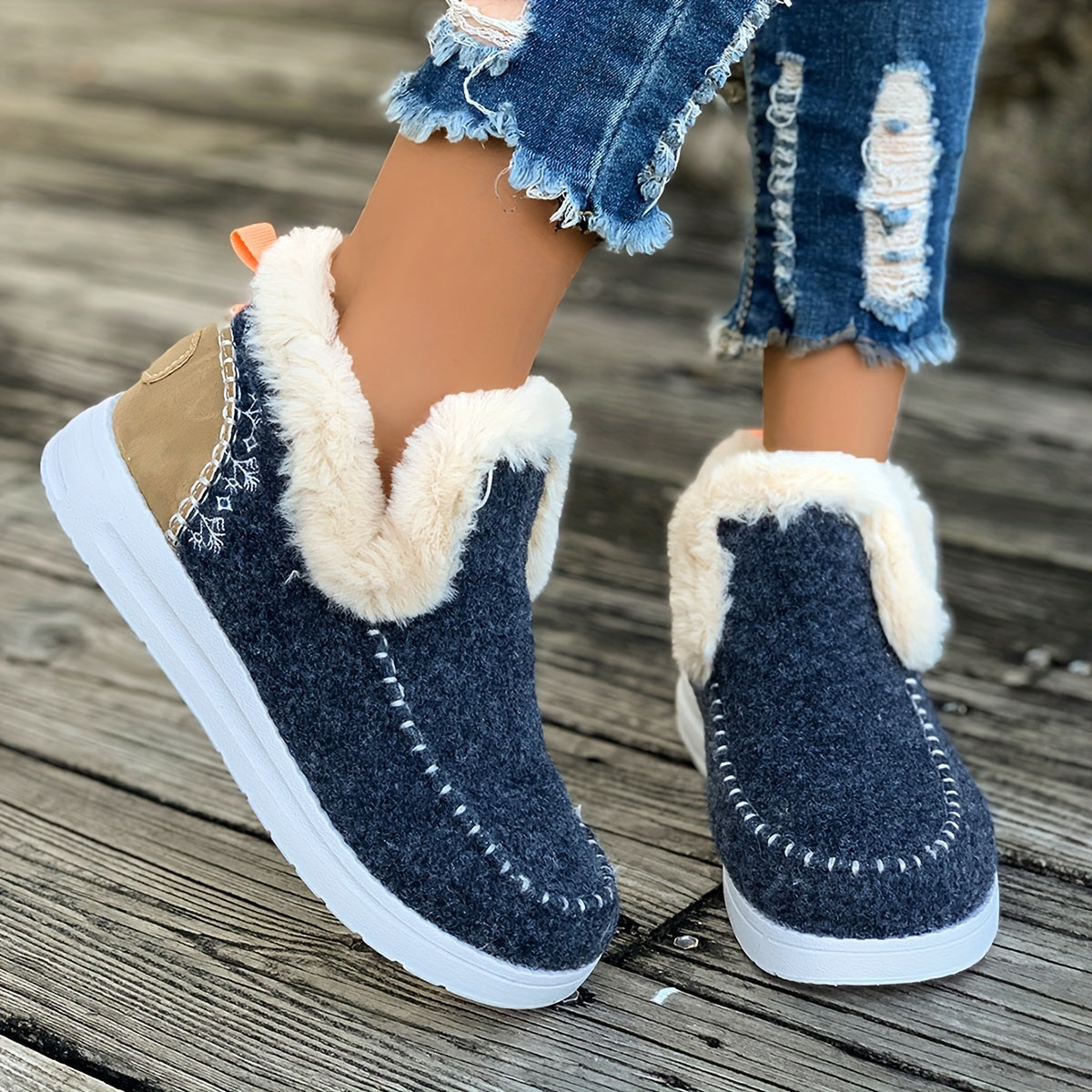 Damen-Winterstiefeletten aus Fleece, warme Schneestiefel mit rutschfester Sohle