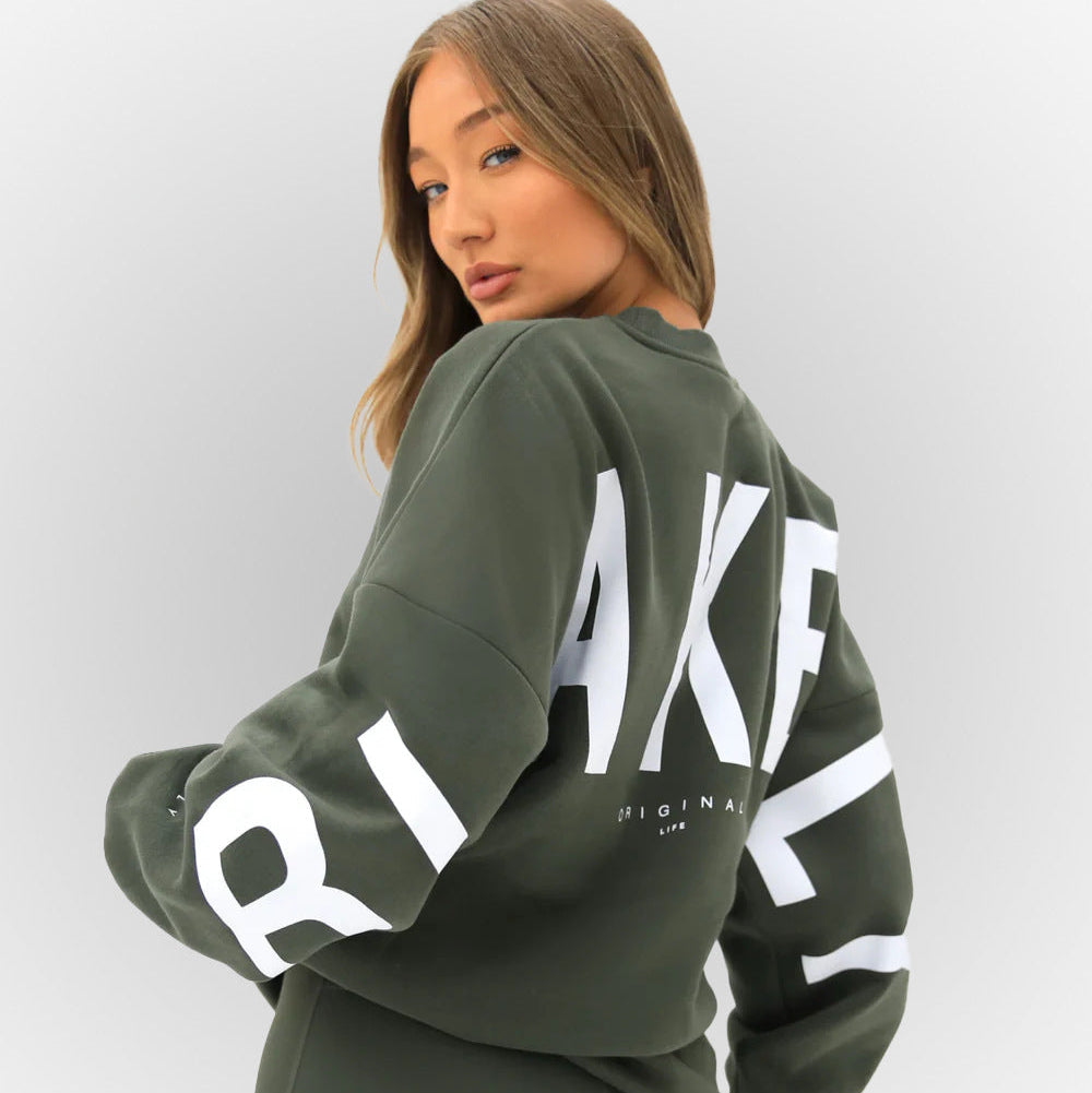 Women's Autumn Sweatshirt with Relaxed Fit, Long Sleeves and Ribbed Hem - Dark Green
