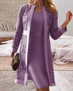 Lace Cardigan Dress Two-Piece Set | Perfect for Autumn - Purple