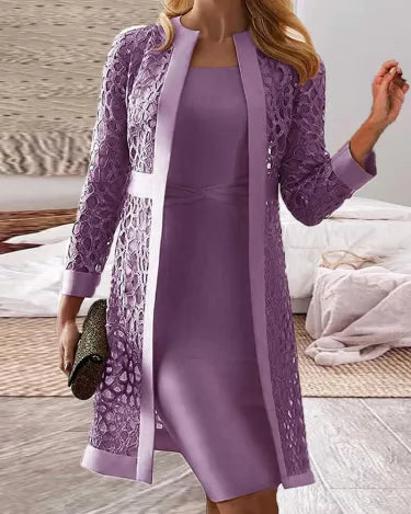 Lace Cardigan Dress Two-Piece Set | Perfect for Autumn - Purple