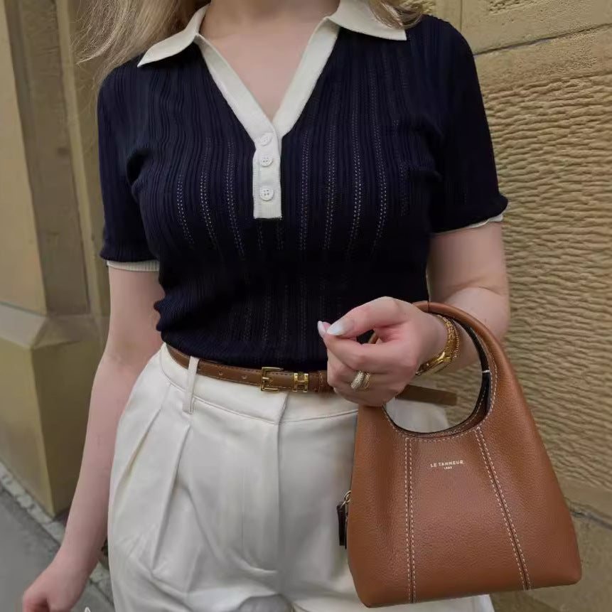 Women's Fitted Ribbed Knit Polo Shirt