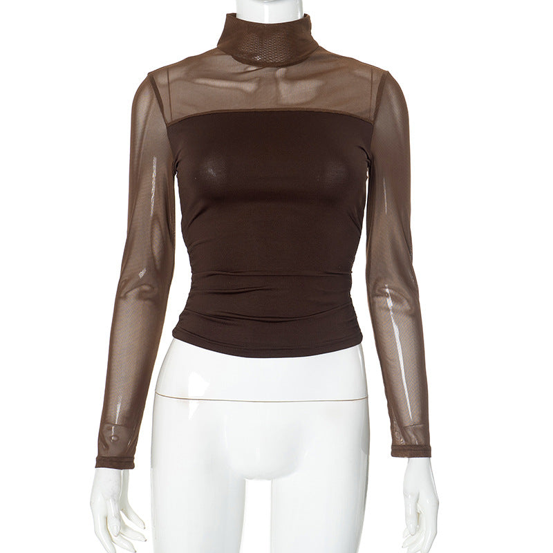 Women’s Fitted Mesh Long-Sleeve Top with High Neck