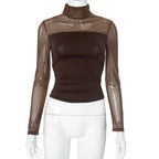 Women’s Fitted Mesh Long-Sleeve Top with High Neck