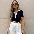 Women's Fitted Ribbed Knit Polo Shirt
